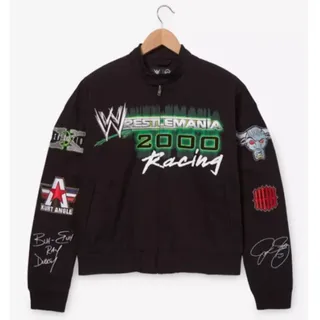 Photo of WWE WrestleMania 2000 Racing Moto Black Jacket Mens Large NWT Exclusive Cropped