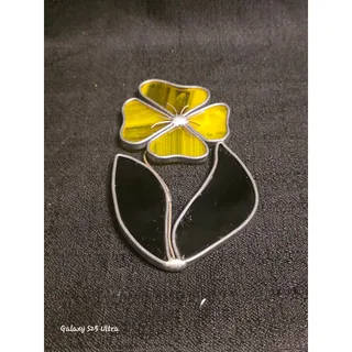 Photo of Stained Glass Yellow Flower Suncatcher Green Leaves Window Hanging Art