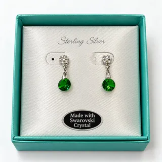 Photo of Platinum Tone Earrings Green Swarovski Crystal Drop Dangle New in Box
