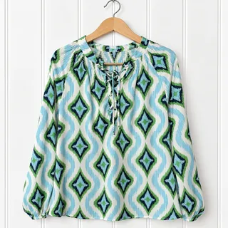 Photo of Macbeth Collection Blouse Womens M Blue Green Print Lace Up V Neck 3/4 Sleeve