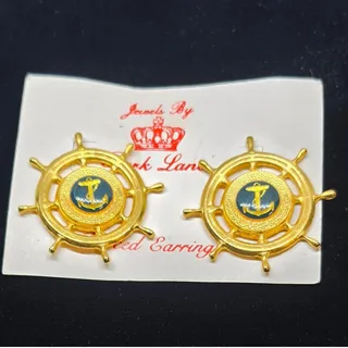 Photo of Vtg Park Lane Gold Tone Wheel Anchor Pierced Earrings Nautical Sailor Style NOS 
