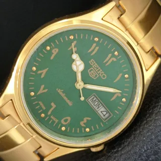 Photo of Vintage 1985 Seiko Automatic Mens Gold Watch W/daydate & Green accents