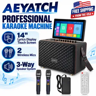 Photo of Professional Karaoke Machine, 14" Lyrics Display Touch Screen 2 Wireless Mics