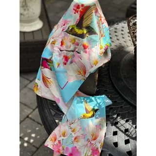 Photo of Silk Squirrel 100% Silk Hummingbird Floral Scarf Aqua Pink