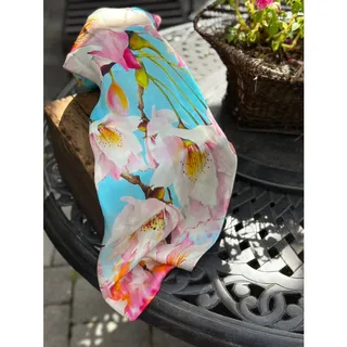 Photo of Silk Squirrel 100% Silk Hummingbird Floral Scarf Aqua Pink