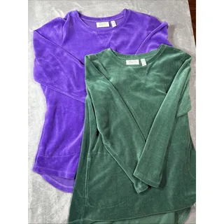 Photo of D & Co Velour Tops Womens MP Lot of 2 Purple Green Pockets Relaxed Velvet