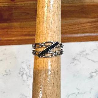 Photo of multi-layer chain ring diagonal black enamel bar sterling silver 925 size 6.5-8 