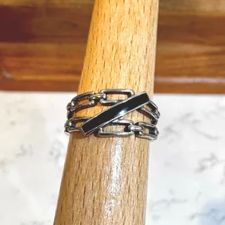 Photo of multi-layer chain ring diagonal black enamel bar sterling silver 925 size 6.5-8 