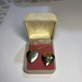 Photo of Two Heart Lockets Silver Tone Gold Tone One Chain With Presentation Box