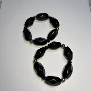 Photo of 2 Faceted Black Acrylic Beaded Stretch Bracelets Silver Bead Accents Adjustable