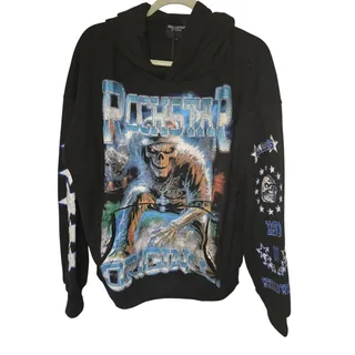 Photo of Rockstar Original Mens XL Black Rhinestone Skull Graphic Hoodie NWT NEW