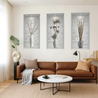 Photo of Set of 3 Self-Adhesive 3-D Recessed Wall Niche Decals--Plants In Vases 23" x 12"
