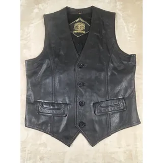 Photo of Vintage Imperial Black Leather Vest Men's Size 40 Western Biker Cowboy 4-Button