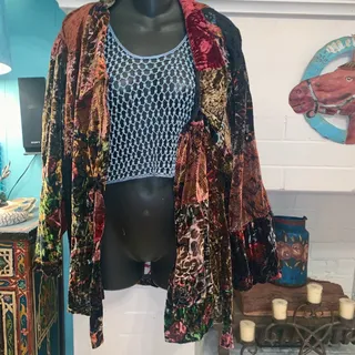 Photo of VINTAGE 90's UNWORN PATCHWORK SILK BLEND VELVET LACE JACKET BY ALEXANDER BROWN