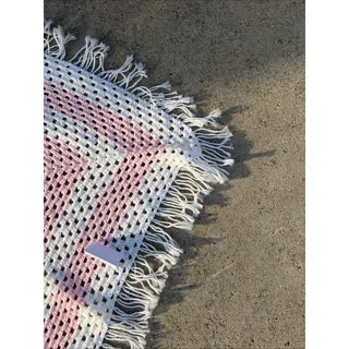 Photo of Handmade Crocheted Baby Fringed Blanket Pink & White Approximately 32” Squared