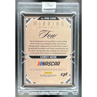Photo of 2026 Panini Turn Four Racing Corey Heim #WM-CHM Winning Moments Purple /25 Auto