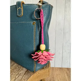 Photo of Leather Pink Flower Purse Charm Genuine Leather Rose Bag Charm NEW FAST SHIP
