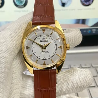 Photo of Vintage 1977 Roamer Manual Mens Silver Watch W/Leather Strap & Black accents
