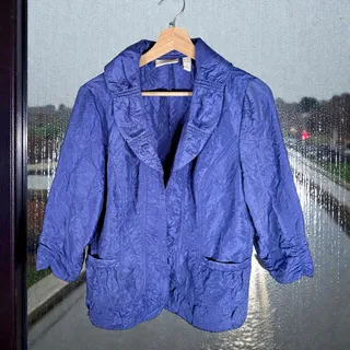 Photo of Chico's Women's 1 Medium Purple Lightweight 3/4 Sleeve Crinkle Open Front Jacket