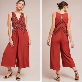 Photo of Anthro Maeve Desert Embroidered Jumpsuit Rust Orange Boho Wide Leg Size 0