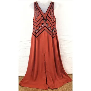 Photo of Anthro Maeve Desert Embroidered Jumpsuit Rust Orange Boho Wide Leg Size 0