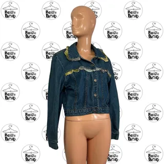 Photo of VTG 80s California Concept S Blue Denim Ruffled Jean Jacket Shoulder Pads USA