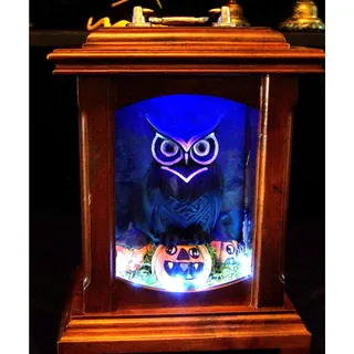 Photo of OOAK Upcycled Vintage Wooden Clock Halloween Diorama – Illuminated Owl & Jack-o'-Lantern w/ Remote