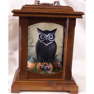 Photo of OOAK Upcycled Vintage Wooden Clock Halloween Diorama – Illuminated Owl & Jack-o'-Lantern w/ Remote