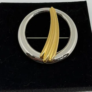Photo of VINTAGE MONET Two Tone Gold Silver Circle Brooch Signed Modernist Pin 2.25in MCM