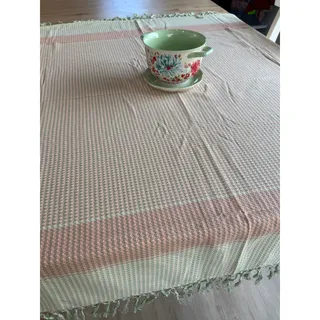 Photo of April Cornell Victorian Weave Tablecloth Pink Green Handwoven Fringe 54 x 54 NEW
