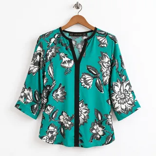 Photo of Zara Basic Teal Floral Kimono Blouse Open Front Top EUC Size XS