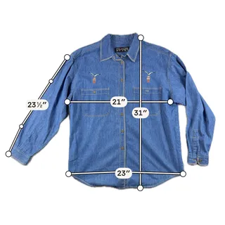 Photo of Vintage 90s Claus Sport Womens L Chambray Shirt Embroidered Birds Korea