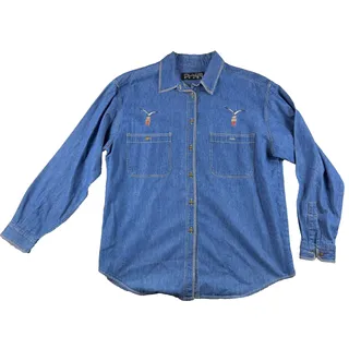 Photo of Vintage 90s Claus Sport Womens L Chambray Shirt Embroidered Birds Korea