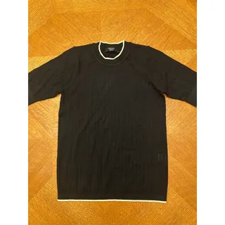 Photo of BRASS Black Pointelle Knit Sweater Top Cream Trim Preppy Minimalist Medium