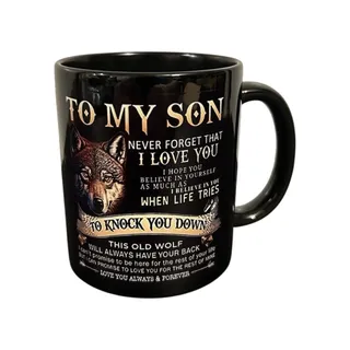 Photo of Lot of 57 To My Son Wolf Coffee Mugs 14oz Black Ceramic Wholesale Resale Bulk