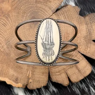Photo of SOUTHWEST STYLE Sterling Silver Cuff Bracelet With Tall Ship Scrimshaw Cabochon