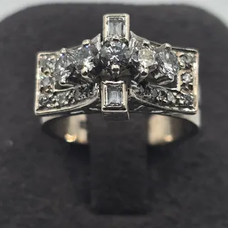 Photo of 9K White Gold Multi-Diamond Ring Round & Baguette Diamonds Size 5.5
