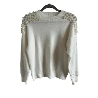 Photo of Fate Women's Small Long Sleeve Crew Neck White and Pearl Design Sweater