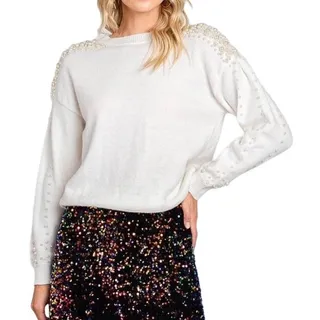 Photo of Fate Women's Small Long Sleeve Crew Neck White and Pearl Design Sweater