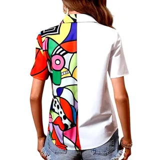 Photo of Shein Women's Small Multicolor Short Sleeve Collared Graphic Print Button Up 