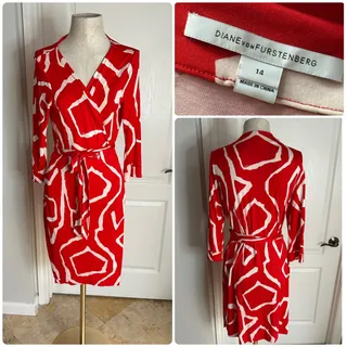 Photo of DVF Vintage Justin 100% Silk Jersey Wrap Dress Abstract Red White