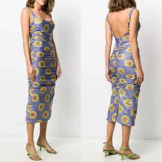 Photo of Maisie Wilen | Lady Miss Purple Yellow Ruched Psychedelic Polka Dot Midi Dress M
