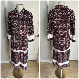 Photo of Julia Amory Block Print Midi Caftan Dress with Lace Inserts-Burgundy/Black Sz XS