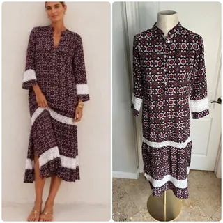 Photo of Julia Amory Block Print Midi Caftan Dress with Lace Inserts-Burgundy/Black Sz XS