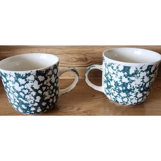 Photo of 2 Folk Craft Tienshan Moose Country Coffee Mugs Cup Green Sponge Pattern Vintage