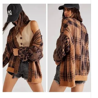 Photo of Free People Sepia Cardi in the "Birchwood" plaid combo size small