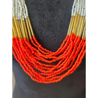 Photo of Red White Brown Multi Strand Seed Bead Long Statement Necklace