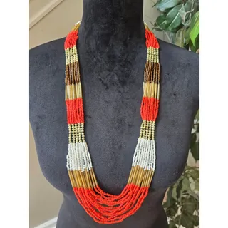 Photo of Red White Brown Multi Strand Seed Bead Long Statement Necklace