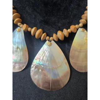 Photo of Lightweight Brown Wood Bead Iridescent Shell Teardrop Statement Necklace