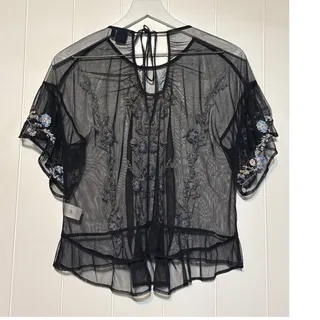 Photo of Kaari Blue Petite Embroidered Mesh Blouse Womens PM Black Sheer Floral Boho